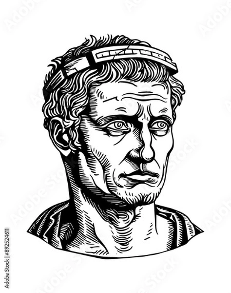 Fototapeta julius caesar head statue engraving black and white outline