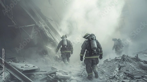 Fototapeta First responders covered in dust, working tirelessly amidst the wreckage