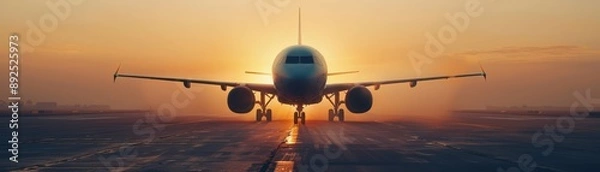 Fototapeta Commercial airplane on runway during a stunning sunset, ready for takeoff with golden, vibrant hues in the sky.