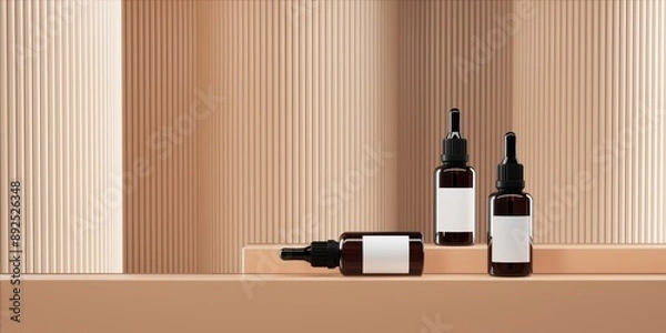 Fototapeta Dropper bottles on base two step in front of abstract curve background. Abstract background for cosmetics presentation 3D illustration