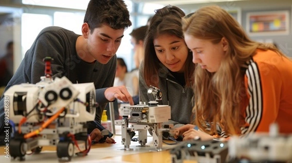 Fototapeta Students Collaborating on Robotics Project in Classroom