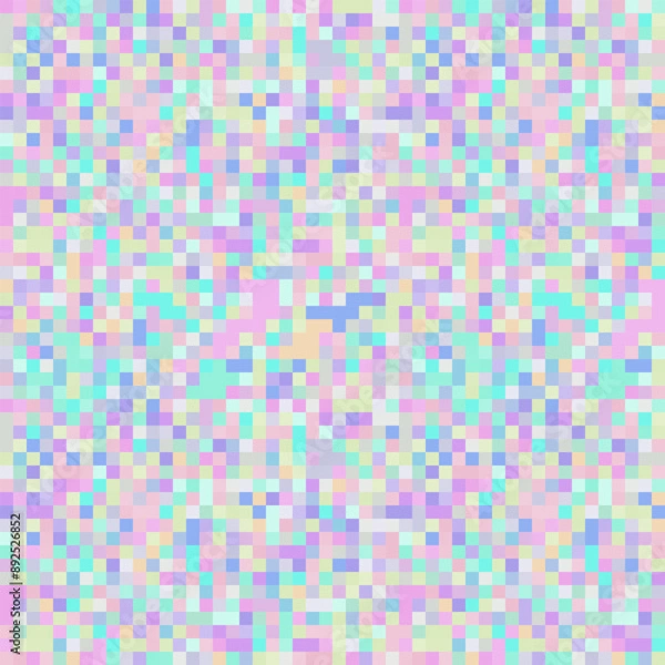 Fototapeta Holographic neon pastel unicorn colorful square mosaic seamless pattern. Trendy iridescent rainbow texture. Modern pearlescent abstract magical fairy background.
