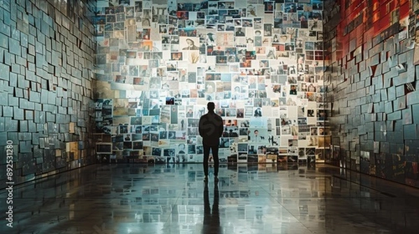 Fototapeta A lone figure standing in front of a memorial wall covered in photos