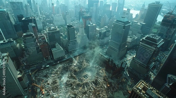 Fototapeta Aerial view of Ground Zero with rescue efforts in full swing