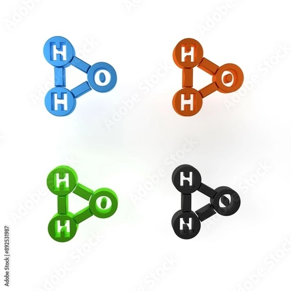 Fototapeta Colorful Chemical formula for water drops H2O shaped icon isolated on white background. Minimalism concept. 3D render illustration