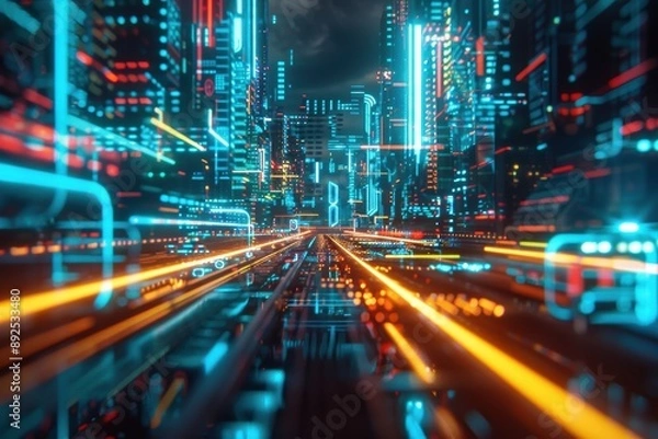 Fototapeta Digital City: Exploring Technology and Communication -  A Vibrant Cityscape of Neon Circuits, Electronic Streets, and Skyscrapers in Cyberspace