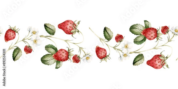Obraz Strawberry with flowers and leaves on the stem, watercolor isolated illustration. Seamless border for food packages