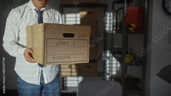 Fototapeta A young asian man holding a box in a cluttered detective office environment, suggesting an active case investigation.