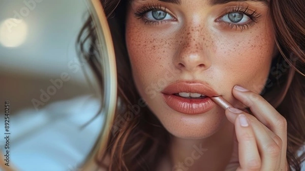 Fototapeta A woman checking her makeup in a small, handheld mirror, her reflection in a larger wall mirror behind her. 