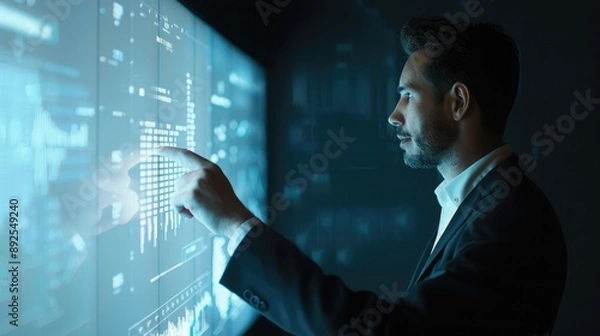 Fototapeta A businessman using a touch screen to interact with a digital presentation.