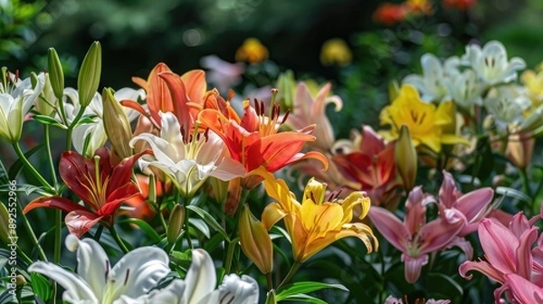 Fototapeta A garden filled with blooming lilies, creating a vibrant display.