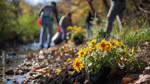 Fototapeta Community clean-up event, highlighting grassroots efforts to combat pollution and climate change