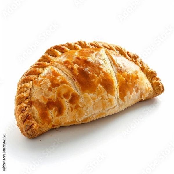 Obraz A freshly baked Cornish pasty sits on a white background