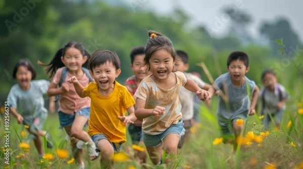 Fototapeta Children Running in a Field