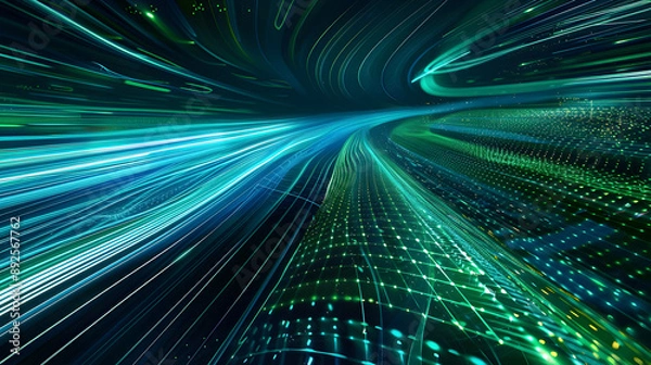 Fototapeta digital featuring a vibrant data stream with flowing light trails in shades of blue and green set against a dark grid patterned background  The lines converge towards the center