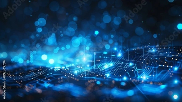 Fototapeta Futuristic Blue Circuit Board with Bokeh Lights