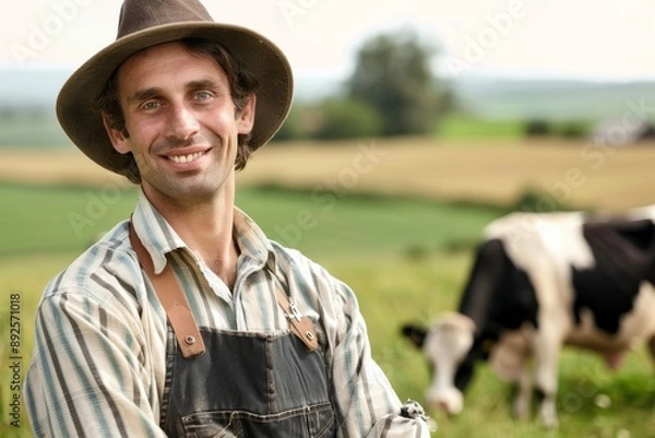 Fototapeta Dairy farm worker with cow in background Isolated on white background