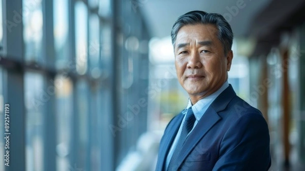 Fototapeta Confident Senior Businessman in a Modern Office Setting - A mature businessman exudes confidence as he stands in a modern office setting, symbolizing leadership, experience, and success. He is well-dr