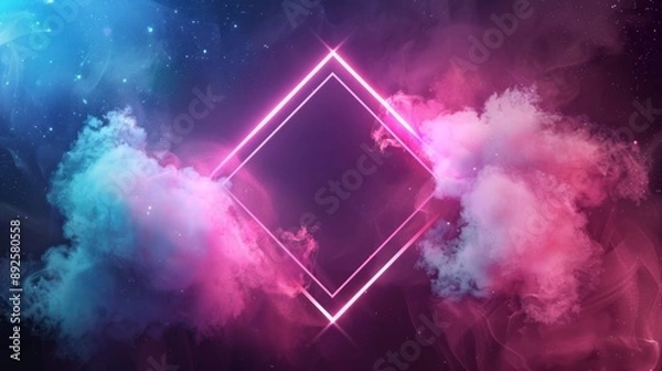 Fototapeta Abstract neon background with glowing diamond shape and spinning cloud. Blank geometric frame