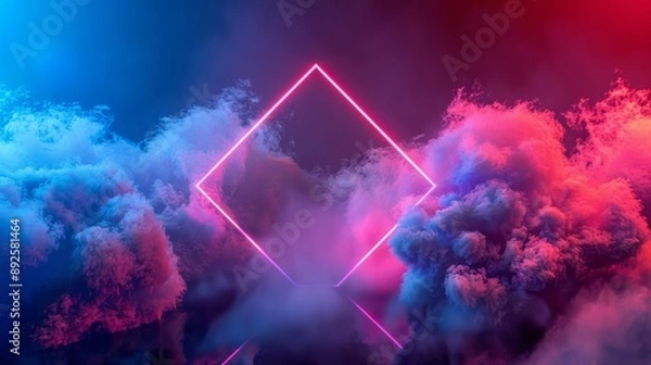 Fototapeta Abstract neon background with glowing diamond shape and spinning cloud. Blank geometric frame
