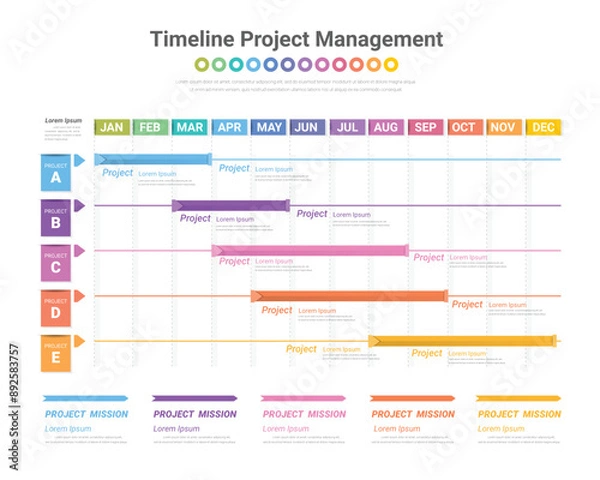 Fototapeta Project time plan business template with 4 project tasks in year or 12 months. Easy to use for your website or presentation.