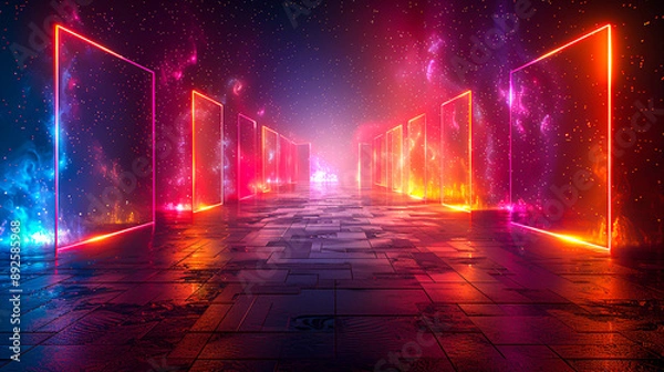 Fototapeta Vibrant Neon Striped Background with Abstract Geometric Shapes - Digital Art for Futuristic Design Concepts