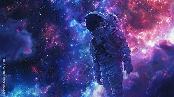 Fototapeta A beautiful background of space with planets, stars and an astronaut floating in the universe. Astronaut in galaxy sky. Solar system planets in deep space. Solar system and stars background. Science