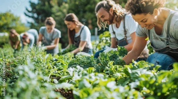 Fototapeta A community garden with diverse plants and vegetables, people working together happily