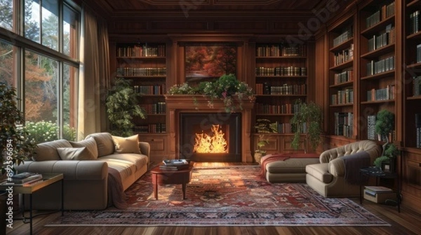 Fototapeta A comfortable sofas, and bookshelves filled with books, depicting an inviting and relaxing space that promotes comfort and relaxation