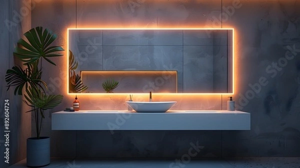 Fototapeta Minimalist bathroom vanity, long rectangular mirror, backlit, white sink countertop, gray wall, soft lighting, clean lines, modern design, hygienic, spa-like atmosphere.
