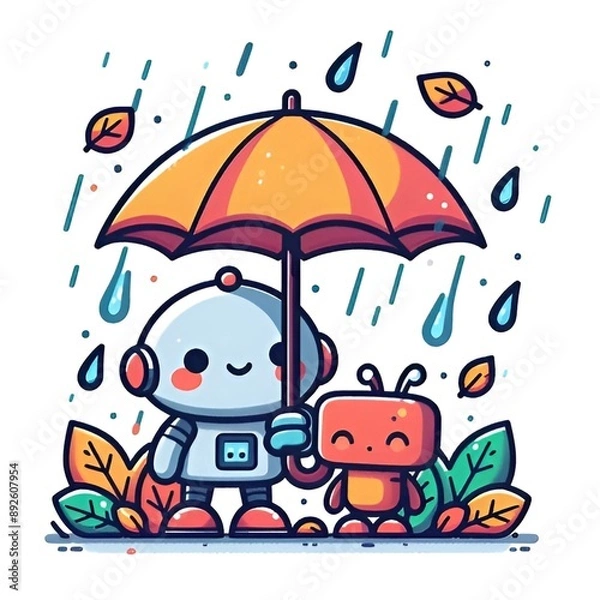 Fototapeta Cartoon style robots under an umbrella in the autumn rain on a white background, flat colors