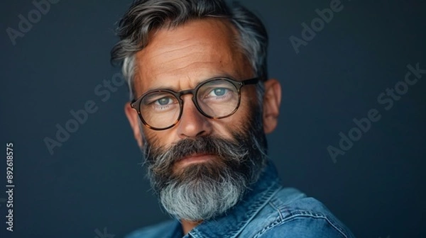 Fototapeta Serious Middle Aged Man with Beard and Glasses in Isolated Setting