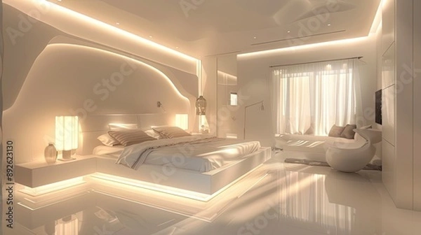 Fototapeta Elegant white bedroom with a modern design, sleek furniture, and soft lighting creating a tranquil environment.