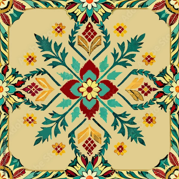 Obraz flower embroidery on cream background. ikat and cross stitch geometric seamless pattern ethnic oriental traditional. Aztec style illustration design for carpet, wallpaper, clothing, wrapping, batik