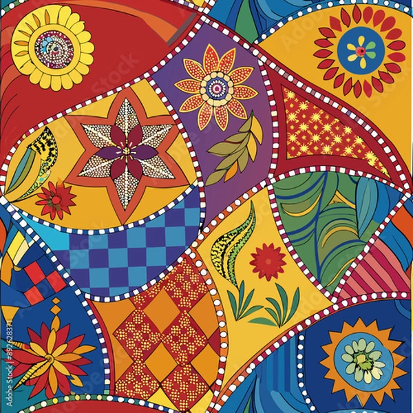 Obraz embroidered pattern. Wavy bohemian print. Patchwork ornament