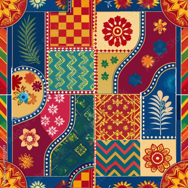 Obraz embroidered pattern. Wavy bohemian print. Patchwork ornament