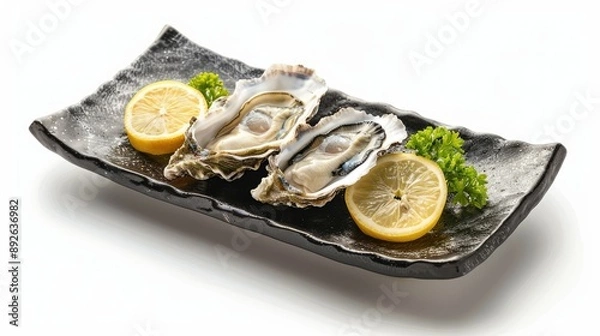 Fototapeta Elegant presentation of Japanese oysters, size number 1, with lemon and garnish. Fresh and raw seafood isolated