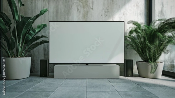 Fototapeta Modern Living Room Interior With Large Television and Plants