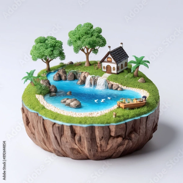 Fototapeta 3D Isometric illustration of an village with houses, trees, paths and a river on white background