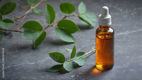 Fototapeta Transparent dropper bottle with serum lotion or essential oil on stone table with eucalyptus leaves. Skin care cosmetics concept.