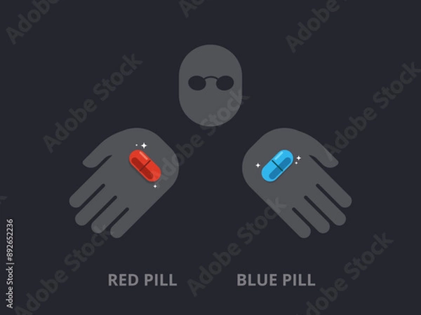 Fototapeta A shady person offer the red pill and blue pill. Isolated Vector Illustration