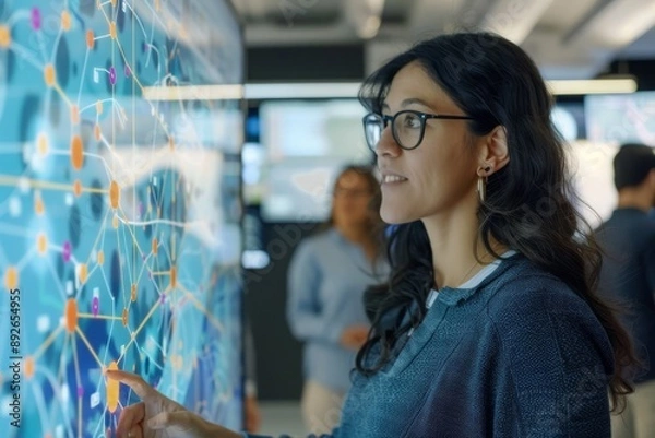 Fototapeta Woman Interacting With Interactive Map Display in Modern Office