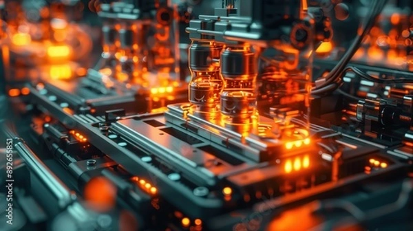 Fototapeta Futuristic quantum computer with glowing qubits in a high-tech laboratory, demonstrating quantum entanglement and superposition concept, advanced computing technology, cutting-edge scientific research