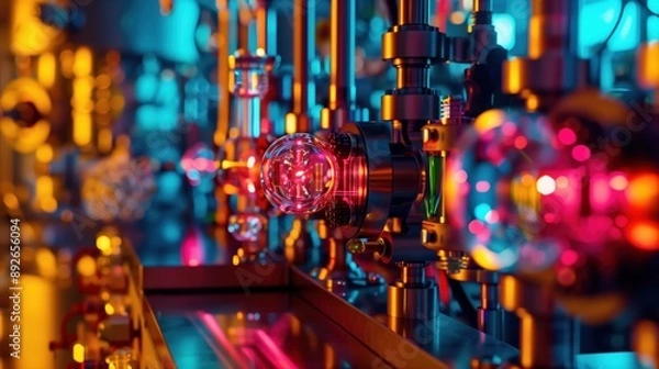 Fototapeta Futuristic quantum computer with glowing qubits in a high-tech laboratory, demonstrating quantum entanglement and superposition concept, advanced computing technology, cutting-edge scientific research