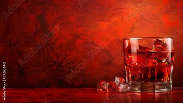 Fototapeta A glass of Negroni with ice cubes sits on a red surface
