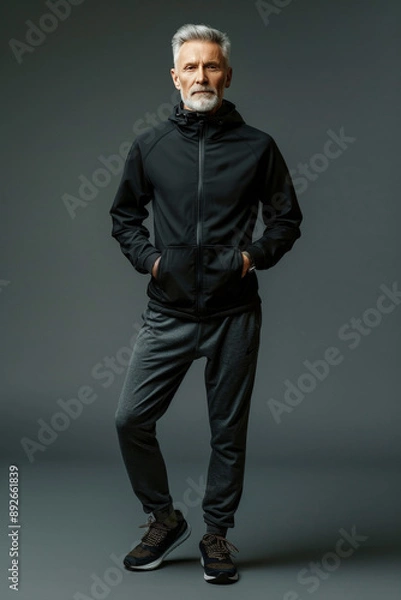 Fototapeta 5. Healthy senior man wearing athletic wear, posing in a sporty stance, full body, High resolution photography, detailed, realistic, The photo is taken with a Canon EOS R5, with a 17mm, simple solid