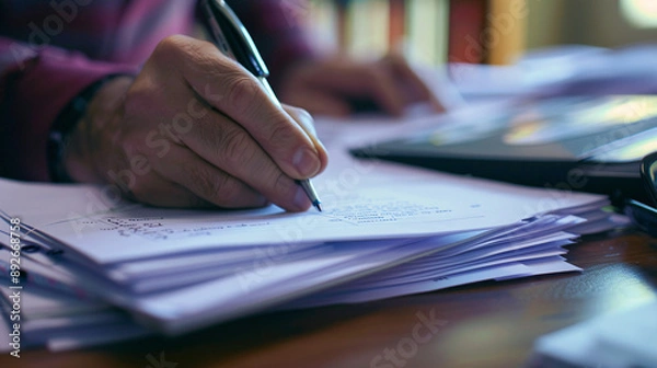 Fototapeta Teacher grading assignments at a desk, focusing on their hand holding a pen and marking a paper, with a stack of assignments nearby 