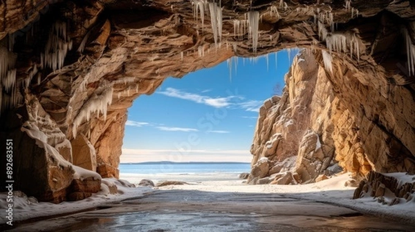 Fototapeta A view from a mountain cave overlooking a frozen lake in the Canadian Arctic. The sky is blue and there are clouds in the distance. The mountain peaks are snow-covered