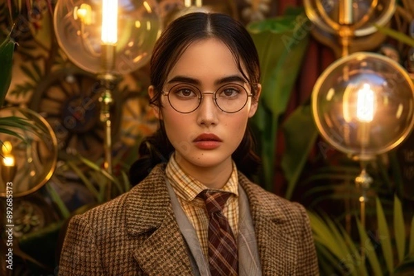 Fototapeta A woman with dark hair and round glasses stands in a dimly lit room, wearing a brown tweed jacket and a yellow patterned shirt with a red and brown tie