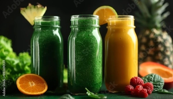 Fototapeta Green Smoothies Blend spinach, kale, and fruits, nutrientdense beverages, concept